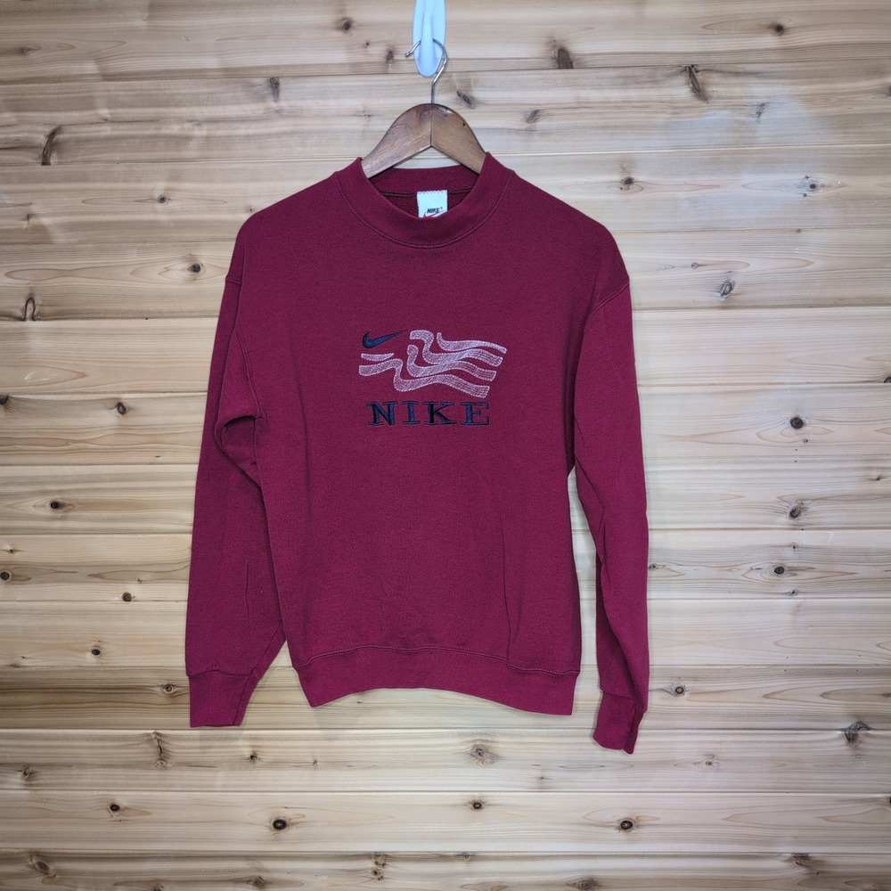Vintage Nike Embroidered Abstract Wave Crewneck Sweatshirt Maroon Mens M